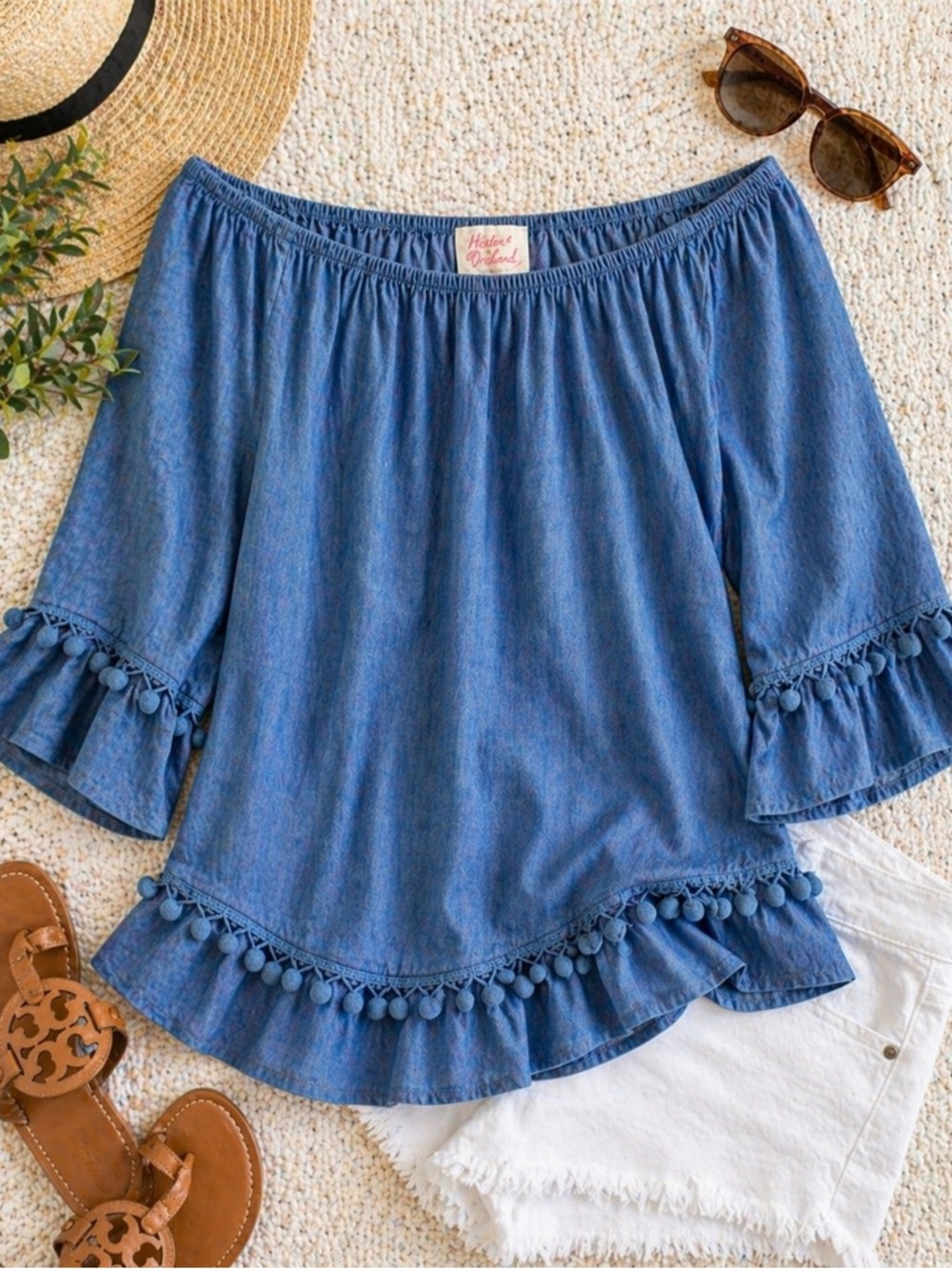 Hester & Orchard Chambray Off Shoulder Boatneck Top Boho Pom Pom Trim Size L
